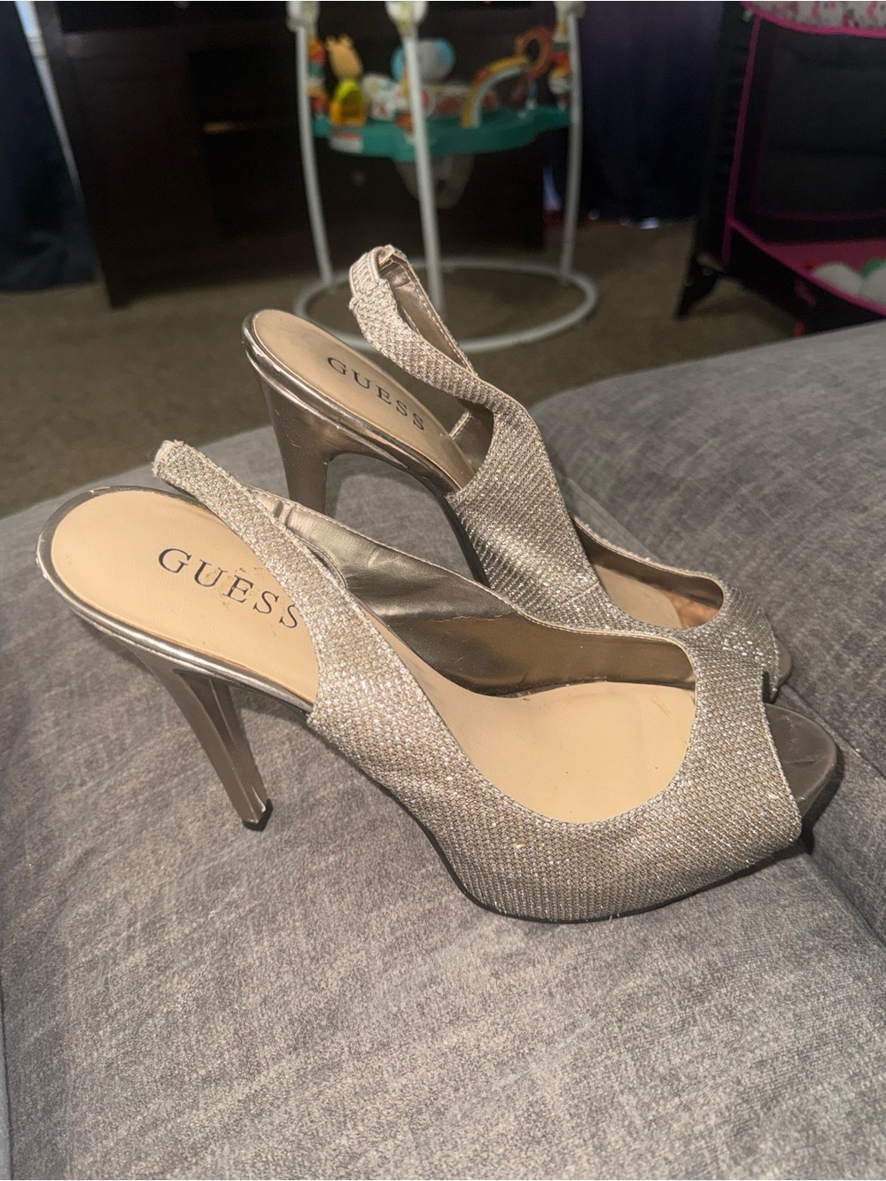 GUESS Sparkling Silver Open-Toe Slingback Heels